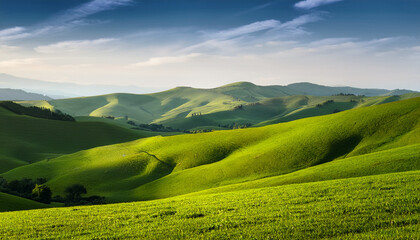 background with views of green hills and clear skies