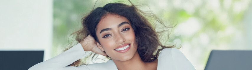 Fototapeta premium Smiling woman relaxing at home with a modern workspace in the background