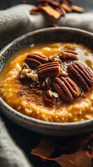 A cozy bowl of pumpkin porridge, brimming with warmth and topped with crunchy pecans.