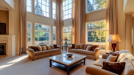 Fototapeta premium A spacious living room filled with soft light, exuding warmth and serenity.