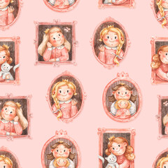 Cute watercolor pattern with portraits of little princesses. Hand-drawn seamless texture with baby girls in different frames on pink background. Children illustration. 