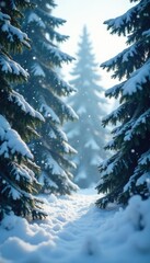 Fototapeta premium snowflakes gently fall on fir trees in frosty forest, fir, snowy, frosty