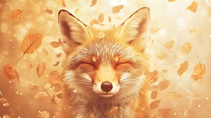 A serene fox made of autumn leaves, blending into the golden-hued forest as the wind carries its essence