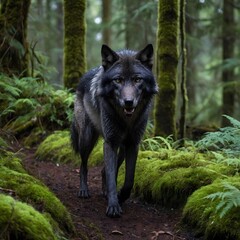 Solitary Alexander Archipelago Wolf Walking on Mossy Trail