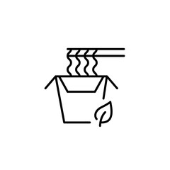 Box of instant vegetarian or vegan noodles. Eating ramen with chopsticks. Fast food, takeaway, delivery or snacks on the go. Pixel perfect, editable stroke vector icon