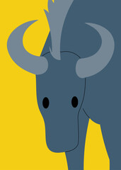 A strong and determined blue bull with curved horns against a vibrant yellow background