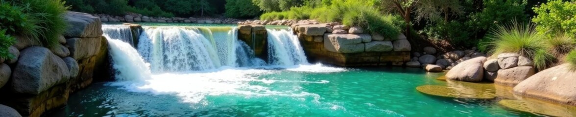 Turquoise water cascades over ancient stone walls, nature, geology