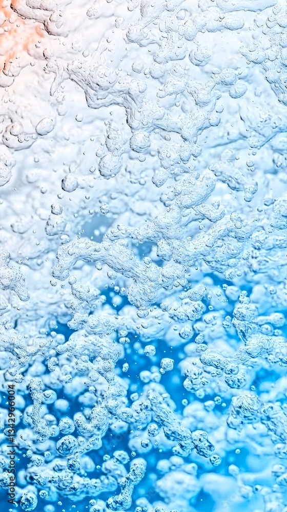 Poster a vibrant close-up of water bubbles rising through a blue background, creating a refreshing and dyna