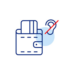 Credit card in wallet and ear crossed out. No audio notifications for banking transactions. Silent mode. Hearing-impaired people accessibility. Pixel perfect, editable stroke vector icon