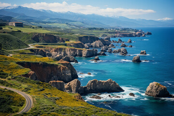 Obraz premium breathtaking panorama of a peninsula, where grandeur of sweeping vistas and intricate coastline intertwine, evoking a profound sense of exploration and wonder from this elevated viewpoint