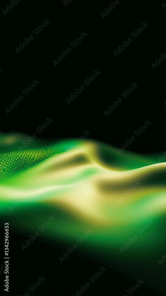 Poster a smooth, flowing abstract design with green and yellow hues against a dark background, creating a s