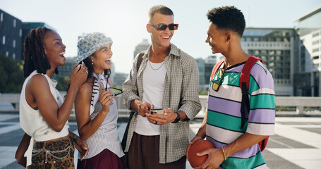 Smile, friends and laughing with phone in city for social media, reading funny joke and group...