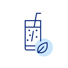 Bubble or ice tea with leaf in glass with straw. Pixel perfect, editable stroke vector icon