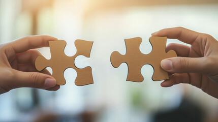 Two hands connecting wooden puzzle pieces, symbolizing teamwork and collaboration.
