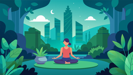Obraz premium A peaceful urban sanctuary designed with lush greenery and soft lighting offering meditation and yoga classes to those seeking a moment of mindfulness.. Vector illustration