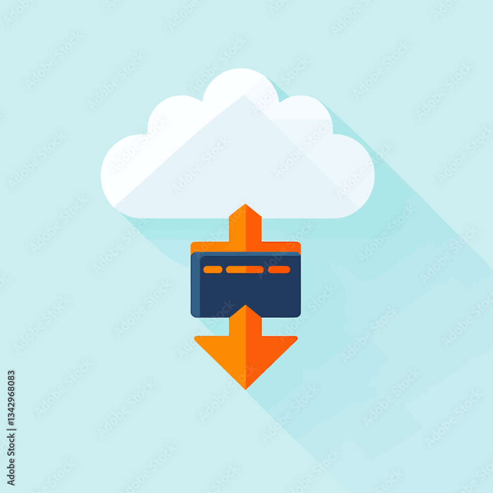 Poster data transfer concept with cloud and arrow pointing down to database