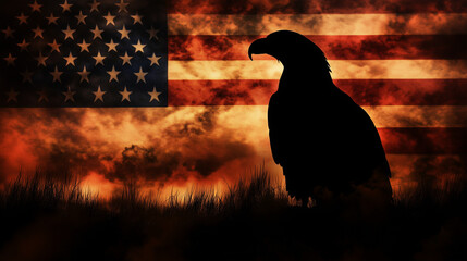 Silhouette eagle with American flag with symbolizing strength and freedom . Best to celebrate 4th of July Memorial or Independence day background. 
