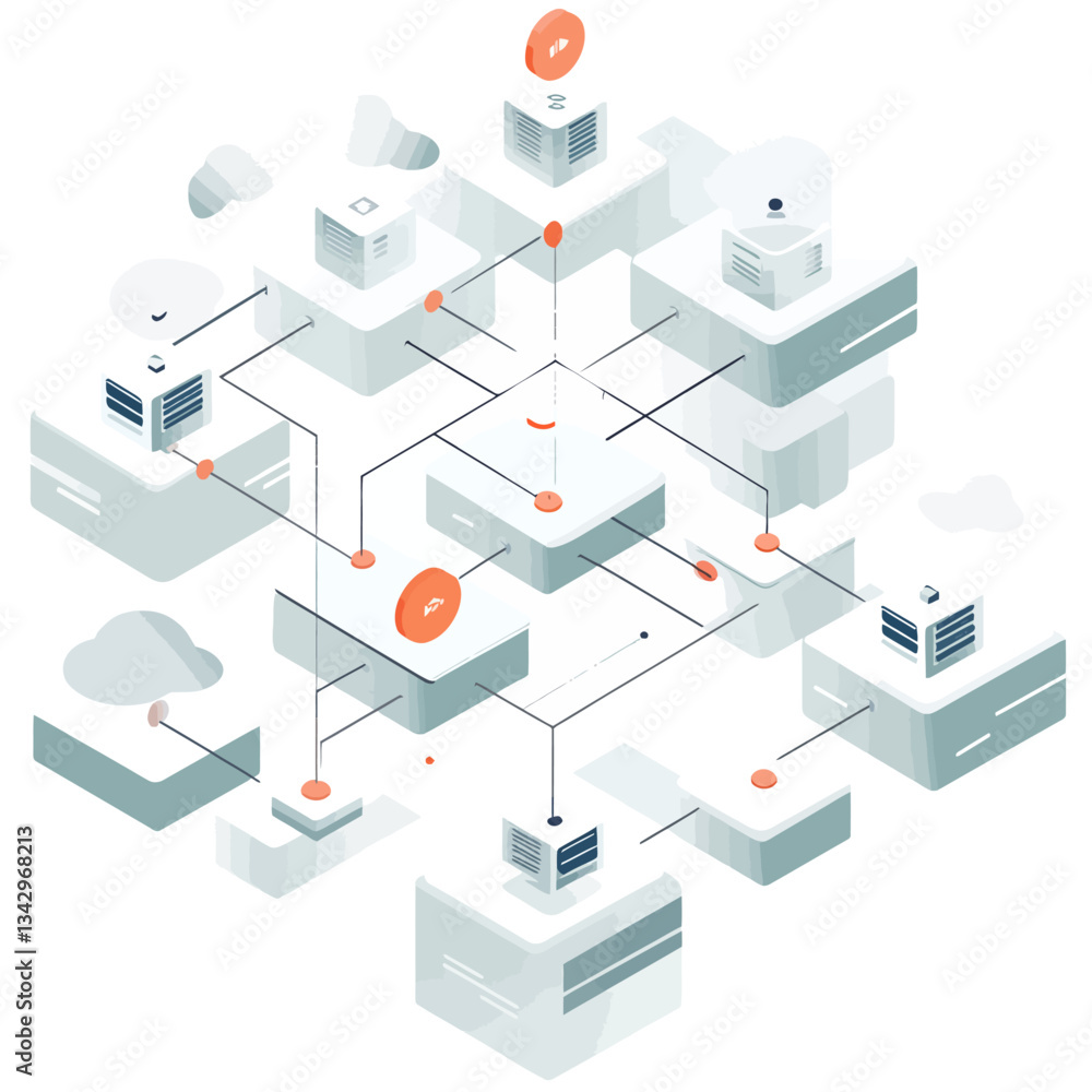 Poster network architecture diagram with connected servers and data cloud flow