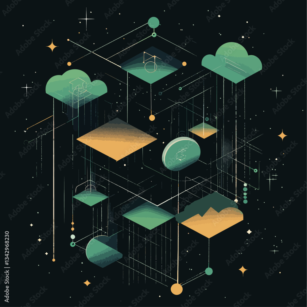 Poster abstract isometric cloud network computing concept with geometric shapes