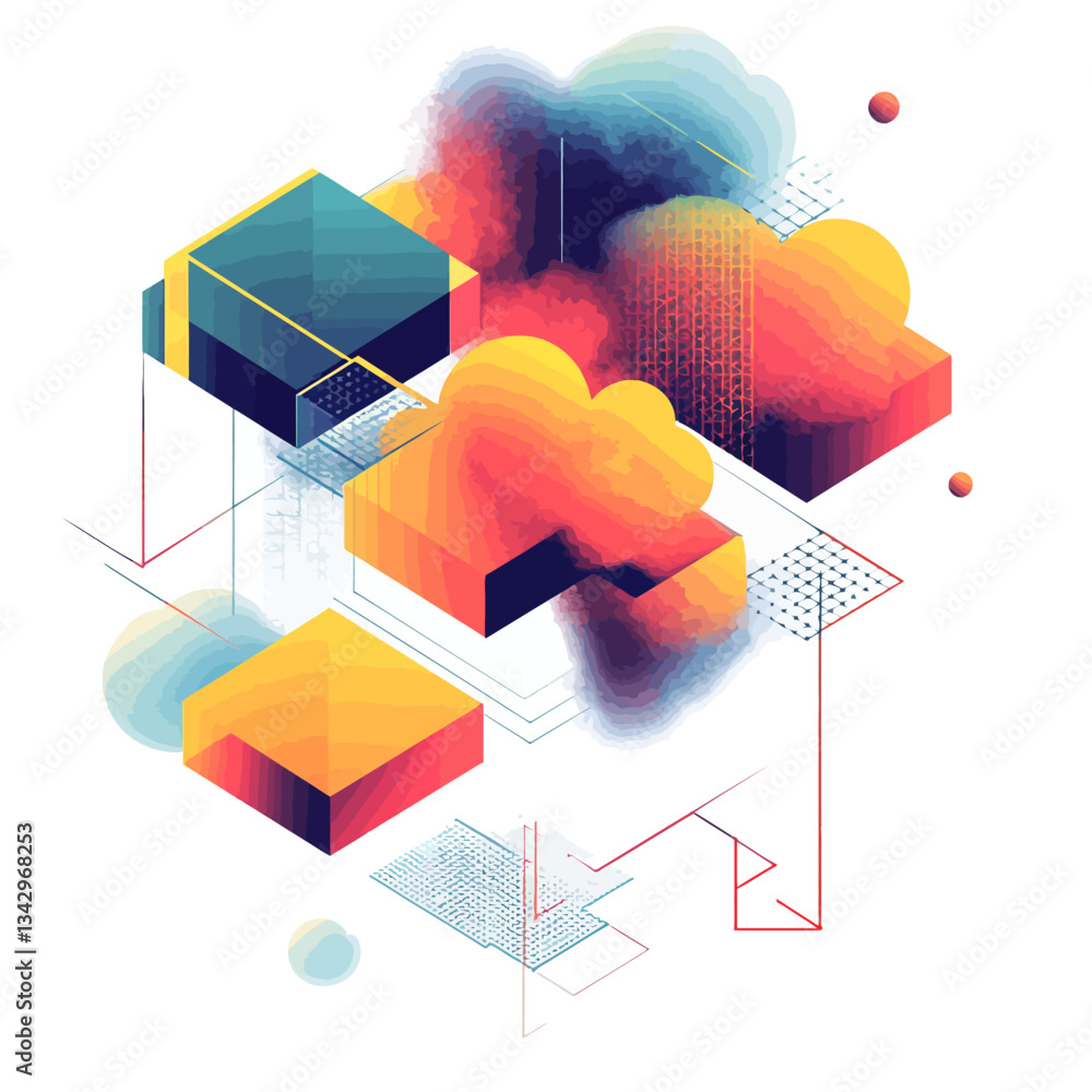 Poster abstract isometric geometric shapes floating with cloud-like formations