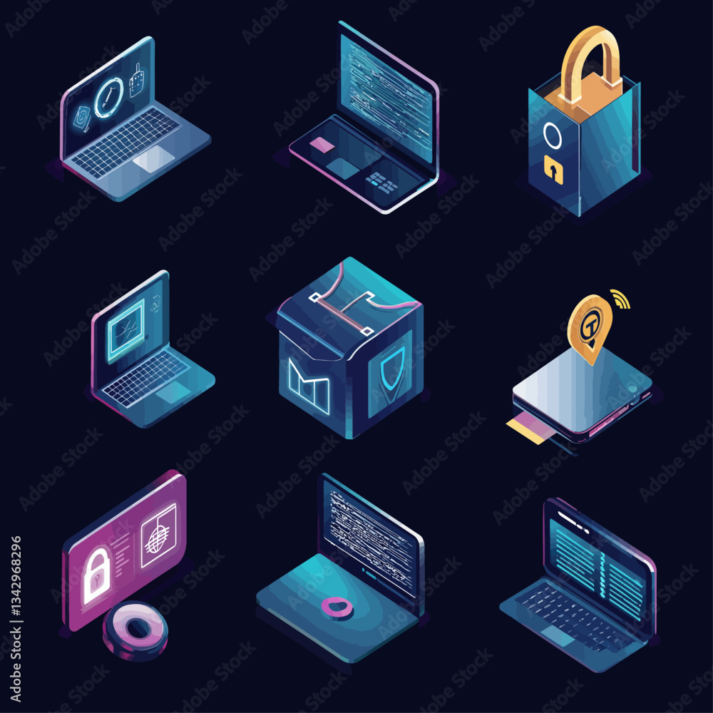 Poster isometric cyber security network, data encryption and digital protection