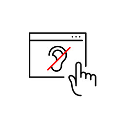 Web page and ear crossed. Audio off in browsing mode. Silent mode, muted video. Pixel perfect, editable stroke vector icon