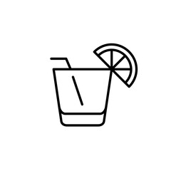 Whiskey glass, lemon and straw. Alcoholic drinks at bar. Cocktail and spirits menu. Pixel perfect, editable stroke vector icon