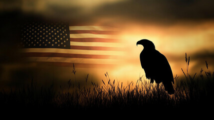 Silhouette eagle with American flag with symbolizing strength and freedom . Best to celebrate 4th of July Memorial or Independence day background. 