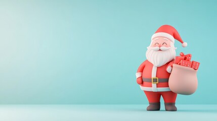 Cheerful Cartoon Santa Claus Stands With A Gift Filled Sack