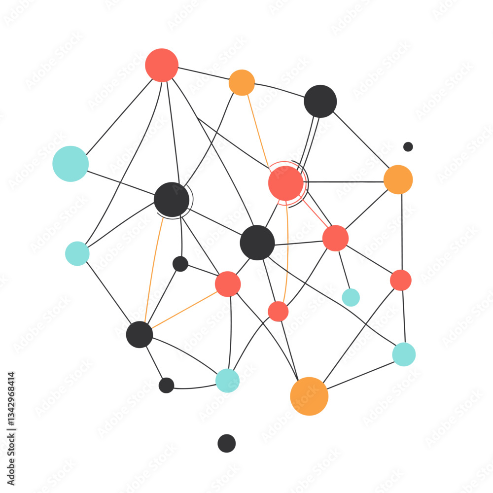 Poster abstract network connecting colorful nodes on a white background