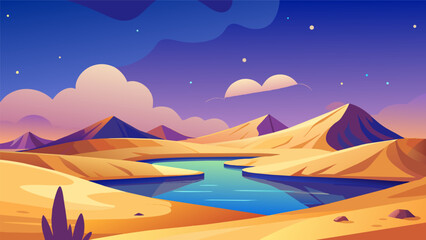 A dreamy desert oasis with towering sand dunes a shimmering oasis and a starry sky above.. Vector illustration