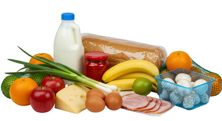 Grocery Still Life: Fresh Produce, Dairy, and Meat on Transparent Background