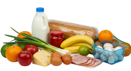 Grocery Still Life: Fresh Produce, Dairy, and Meat on Transparent Background