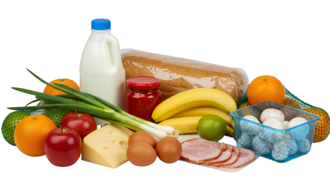 Grocery Still Life: Fresh Produce, Dairy, and Meat on Transparent Background