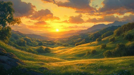 Golden sunset over rolling green hills in this tranquil, scenic landscape. Ideal for backgrounds needing peace, nature, and inspiring hope themes.