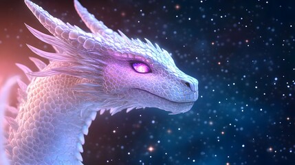 A crystalline dragon with translucent scales reflecting the colors of a cosmic nebula, soaring through space