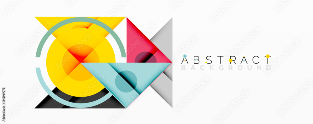 Poster abstract geometric composition with intersecting triangles, circles, and gradients, creating a dynam