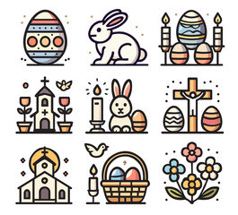 A set of Easter-themed icons: decorated eggs, rabbits, churches, candles, flowers, and a crucifix. A colorful holiday collection symbolizing faith, rebirth, and celebration