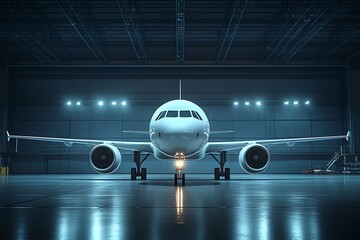 Fototapeta premium Airplane Ready for Takeoff Inside Hangar with Reflections and Bright Lights