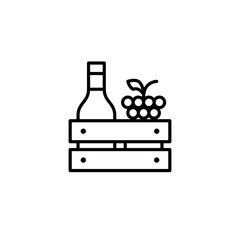 Bottle of wine and vine of grapes in wooden crate. Farmer market, eco friendly produce. Pixel perfect, editable stroke vector icon