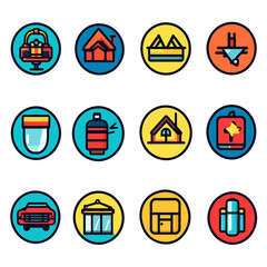 Twelve vibrant icon set featuring houses, vehicles and everyday objects