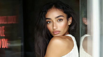 Naklejka premium Captivating portrait of a woman with long hair in a stylish urban setting