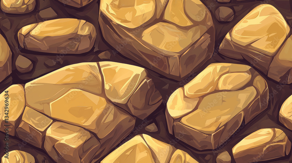 Poster textured stone surface with warm color palette, featuring various shapes and sizes of stones, creati