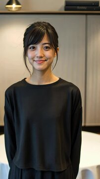 Young woman smiling in a casual black outfit at a modern indoor setting with soft lighting