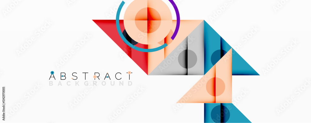 Poster abstract geometric composition with intersecting triangles, circles, and gradients, creating a dynam