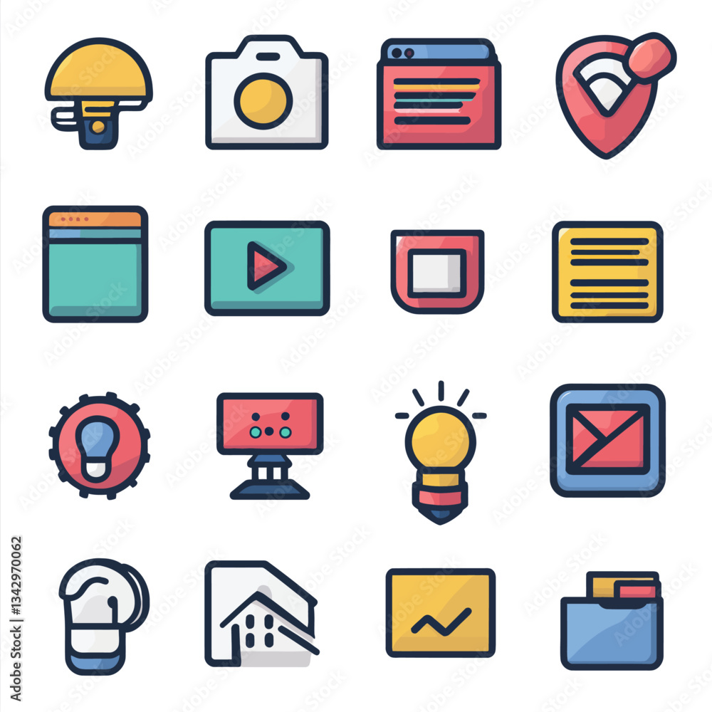 Aufkleber website design elements: icons representing a variety of digital concepts