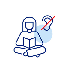 Woman sitting comfortably and reading a book, ear crossed. Noise free quiet environment. Text-based learning for hearing impaired people. No audio books. Pixel perfect, editable stroke vector icon