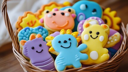 A basket of colorful sugar cookies shaped like animals each one decorated with bright fun icing