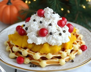 Festive Pumpkin Waffles with Cream & Cranberries.