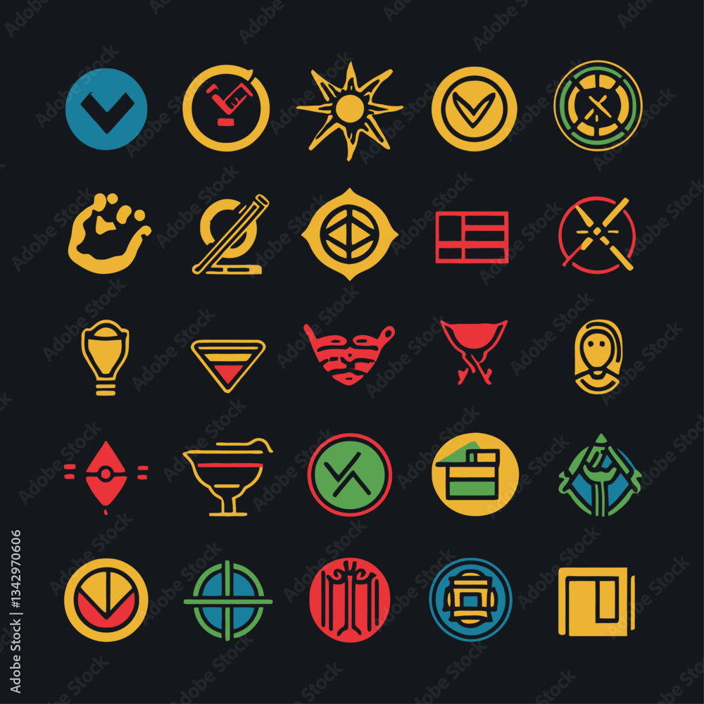 Poster collection of minimalist vector line art symbols and abstract icons